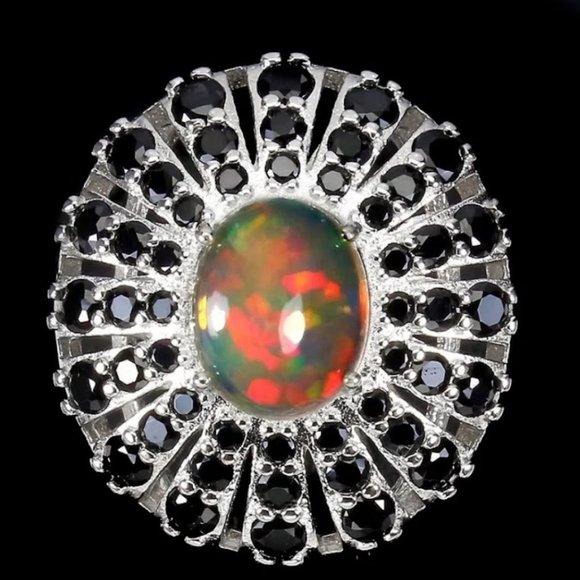 Natural Oval Fire Opal 10x8mm & Black Spinel 925 Sterling Silver Ring 7.25 - Picture 2 of 7